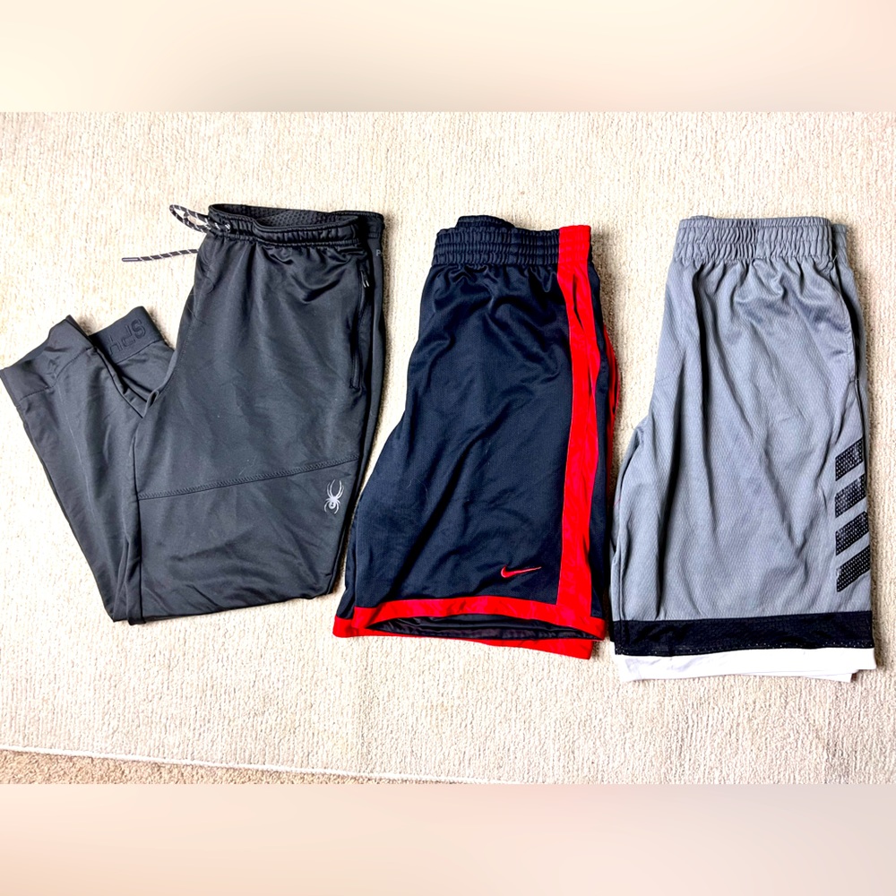 Men's 3 Piece Bundle- 2 Athletic Basket Ball Shorts/ 1 Athletic Pants- Size L
